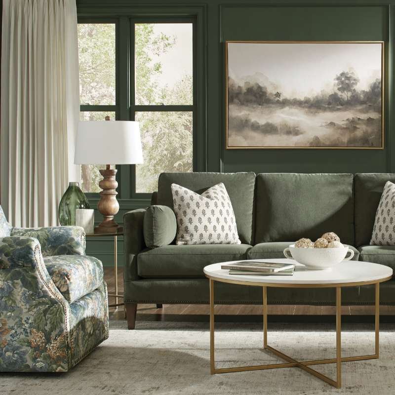 Green room setup with green Smith Brothers chairs and sofas sold at Millers Furniture